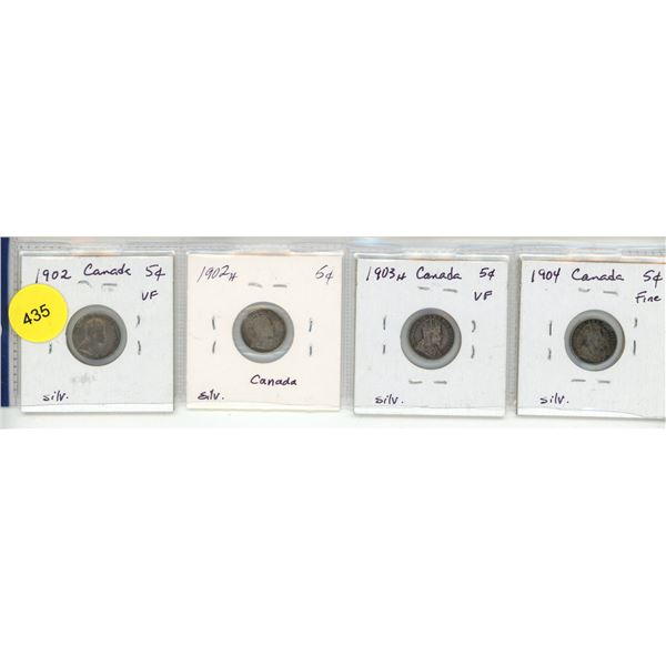 Lot of 4 Canada Silver 5¢:  1902, 11902H, 1903H & 1904