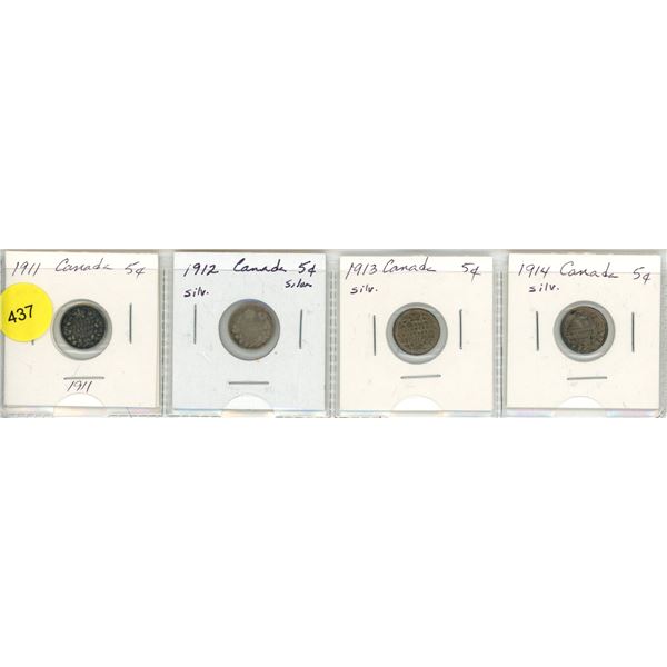Lot of 4 Canada Silver 5¢:  1911 - 1914