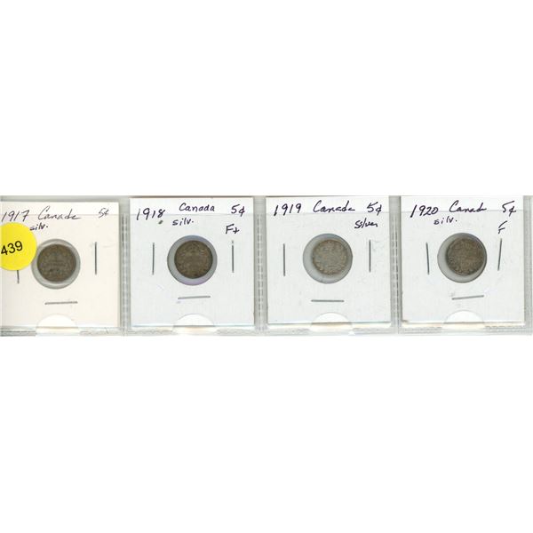 Lot of 4 Canada Silver 5¢:  1917 - 1920 (2.)