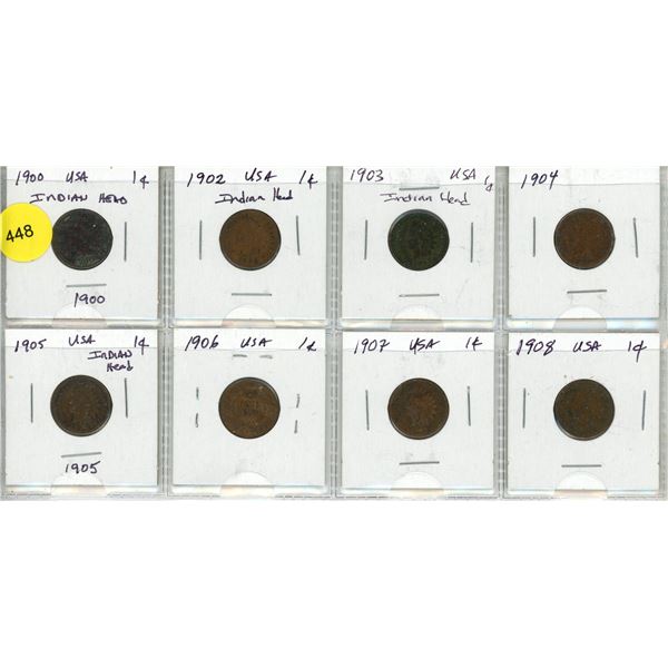 Lot of 8 USA Indian Head Pennies:  1900, 1902-08