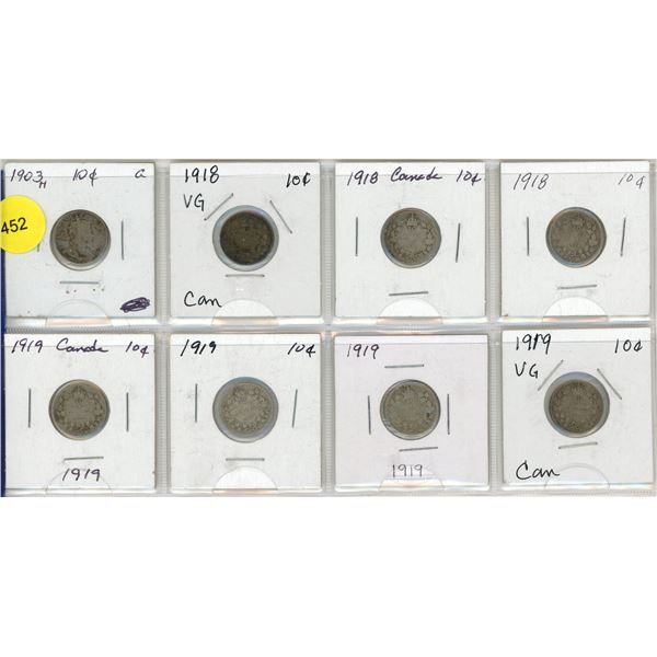 Lot of 8 Canada Silver 10¢:  1903H, 1918 (x3), 1919 (x4)
