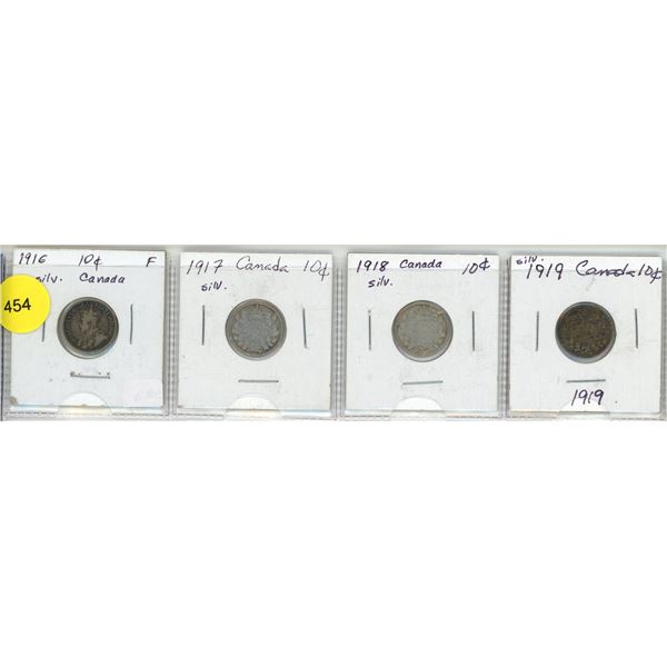 Lot of 4 Canada Silver 10¢:  1916-1919