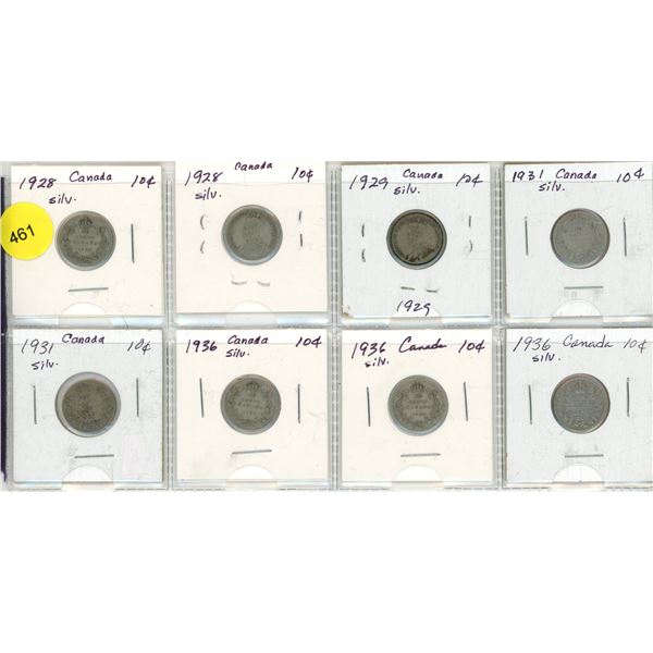 Lot of 8 Canada Silver 10¢:  1928 (x2), 1929, 1931 (x2), 1936 (x3)