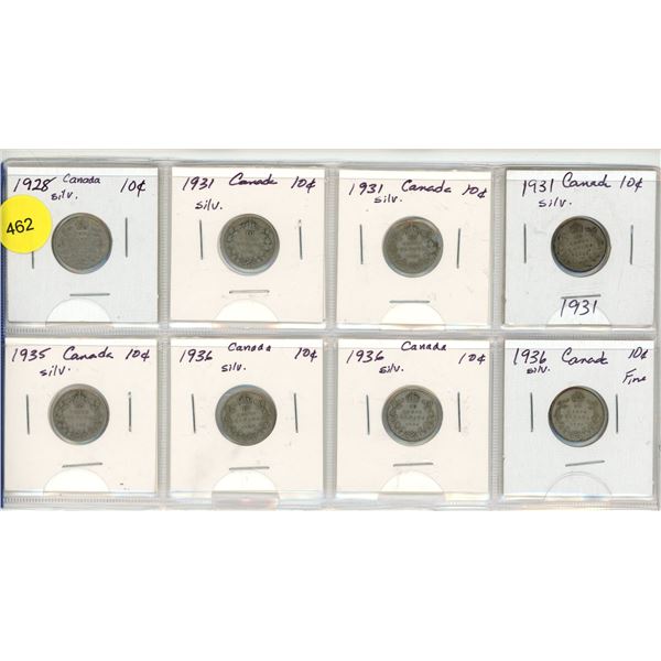 Lot of 8 Canada Silver 10¢:  1928, 1931 (x3), 1935, 1936 (x3)