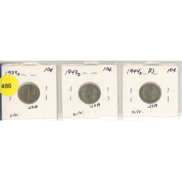 Lot of 3 USA Silver 10¢:  1939d, 1943d, 1944d
