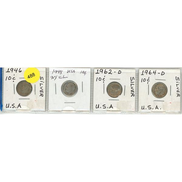Lot of 4 USA Silver 10¢:  1946, 1948, 1962D, 1964D