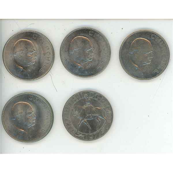 Lot of 5 Great Britain Crowns:  1965 Winston Churchill (x4) & 1977 QEII Silver Jubilee