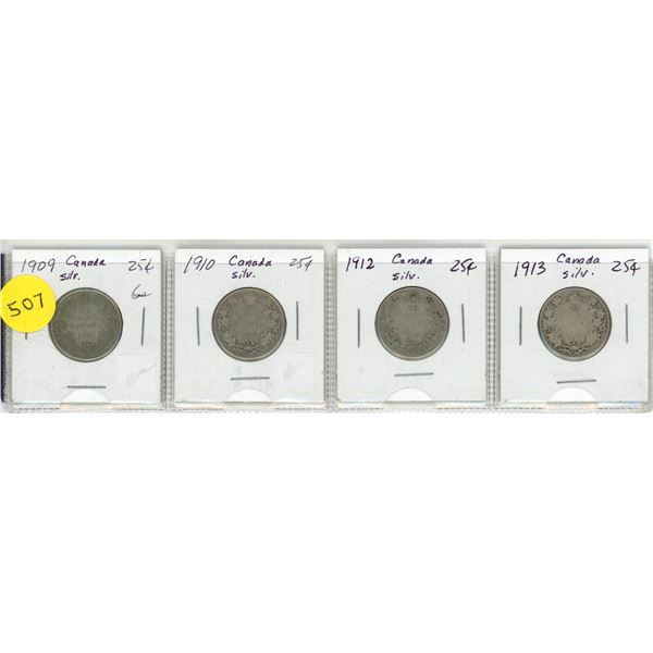 Lot of 4 Canada Silver 25¢:  1909, 1910, 1912, 1913