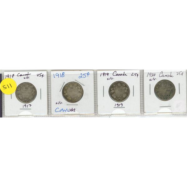 Lot of 4 Canada Silver 25¢:  1917 - 1920