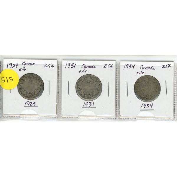 Lot of 3  Canada Silver 25¢:  1929, 1931, 1934