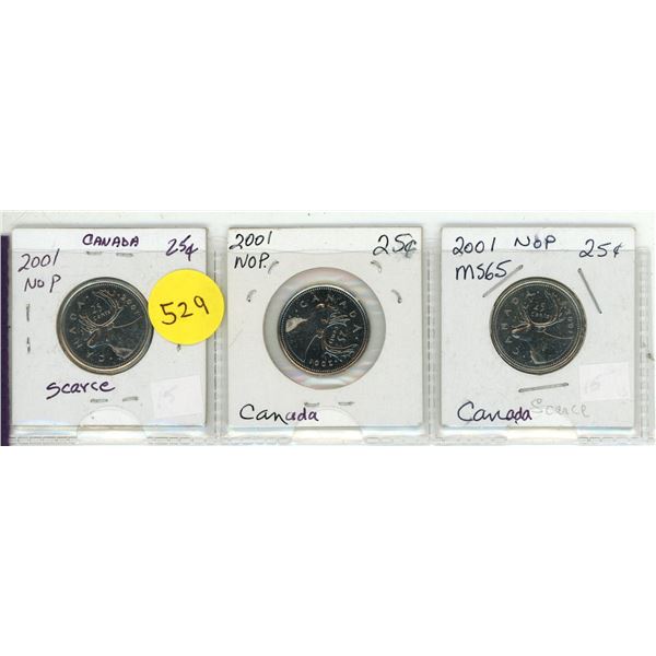 Lot of 3 Canada Silver SCARCE 2001 No P 25¢
