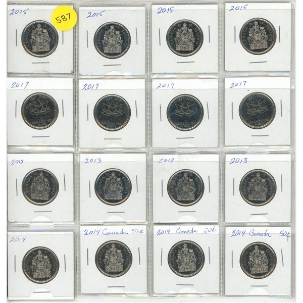 Lot of 16 Canada 50¢:  2013 (x4), 2014 (x4) 2015 (x4), 2017 (x4)