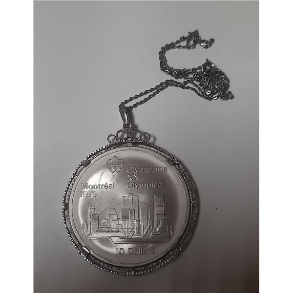 1976 Montreal XII Olympics Milo Silver $10 coin in Bezel with Chain