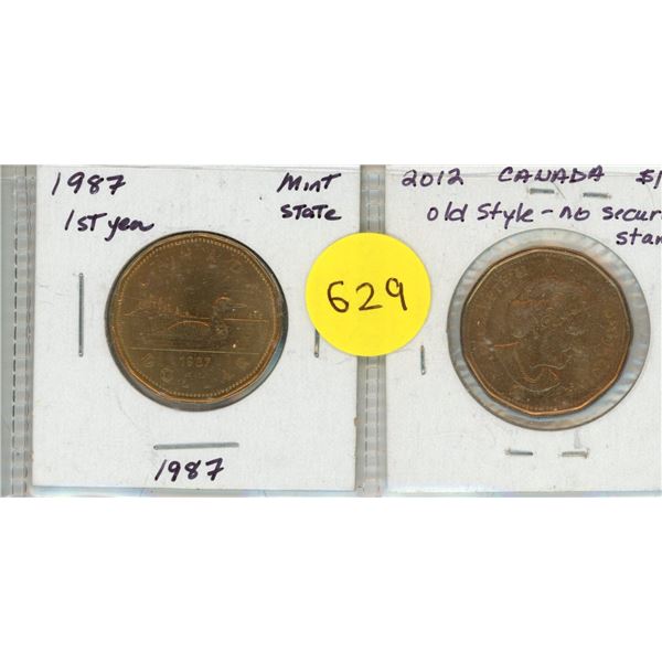 Lot of 2 Canada Loon Dollars:  1987 First Year & 2012 Old Style