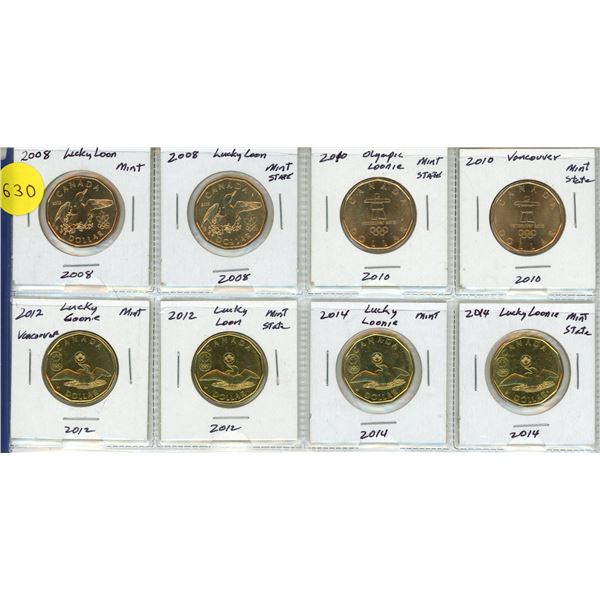 Lot of 8 Canada Lucky Loonie Dollars:  2008 (x2), 2010 (x2), 2012 (x2), 2014 (x2)