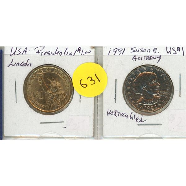 Lot of 2 USA:   Lincoln Presidential Dollar & 1981 Susan B. Anthony Dollar