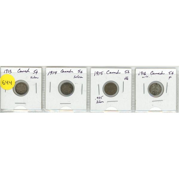 Lot of 4 Canada Silver 5¢:  1913-16