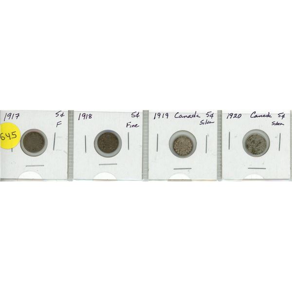 Lot of 4 Canada Silver 5¢:  1917-20