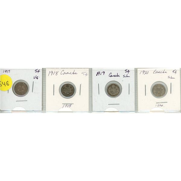 Lot of 4 Canada Silver 5¢:  1917-20