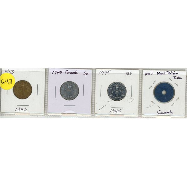 Lot of 4:  Canada 1943 (Tombac), 1944, 1945 Five Cents & WWII Meat Ration Token