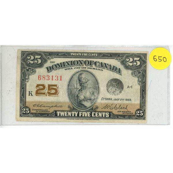 1923 Dominion of Canada 25¢ Shinplaster, Campbell/Clark  (#683131)