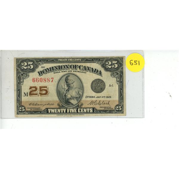 1923 Dominion of Canada 25¢ Shinplaster, Campbell/Clark  (#660887)