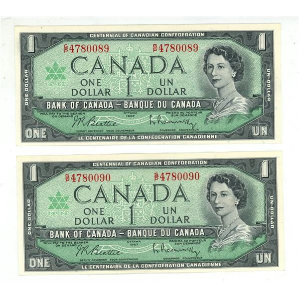 Two Consecutive 1967 Canada $1, Beattie/Rasminsky (#GP 4780089-090)