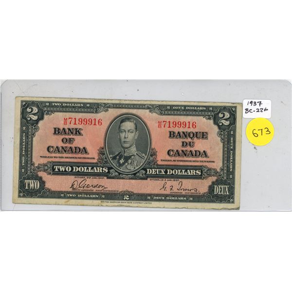 1937 BC-22b Bank of Canada $2, Gordon/Towers (#M/B 7199916)