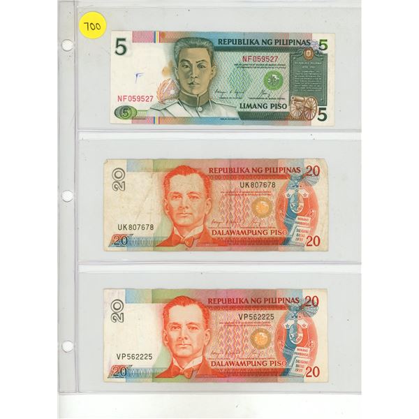 Lot of 6 Republic of Philippines:  5, 20 (x2) & 100 (x3) Piso