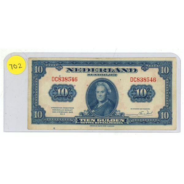 1943 Netherlands 10 Gulden