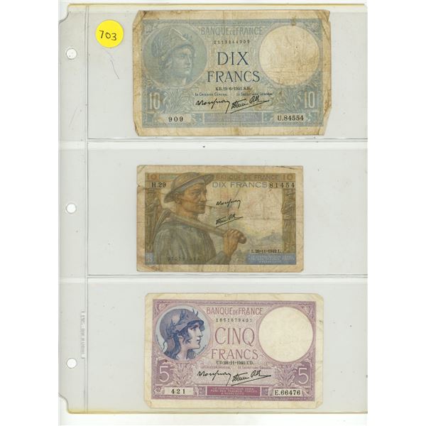 Lot of 3 France:  5 Francs (1940), 10 Francs (1941) & 10 Francs (1941)