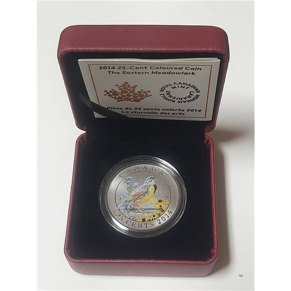 2014 25 Cents depicting Birds of Canada. Coloured Eastern Meadowlark. Specimen. Housed in its origin