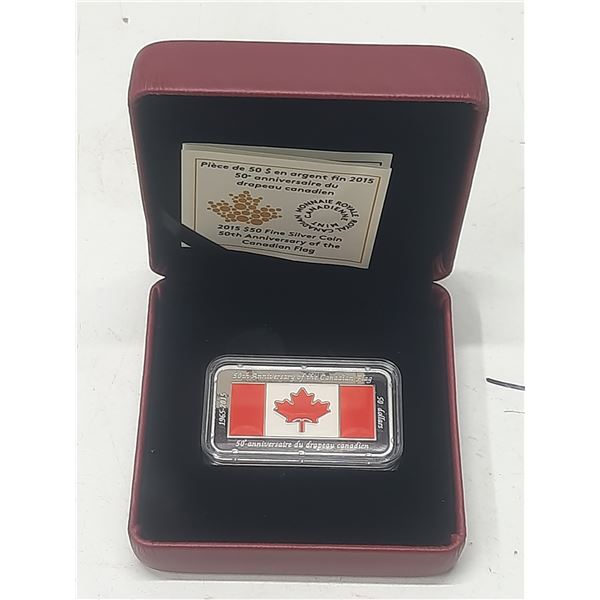 2018 50th Anniversary of the Canadian Flag $50. Coloured. Square shaped. 99.99% pure Silver. Proof. 