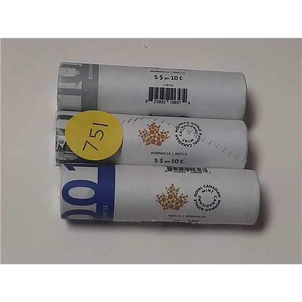 3 different rolls of Canadian 2021 10 Cents. Includes Dual Date 1921 – 2021 Special Coloure