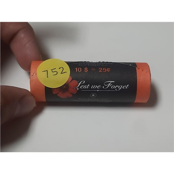 Roll of 40 Lest We Forget Coloured Poppy 25 Cents. Unopened roll. BU.