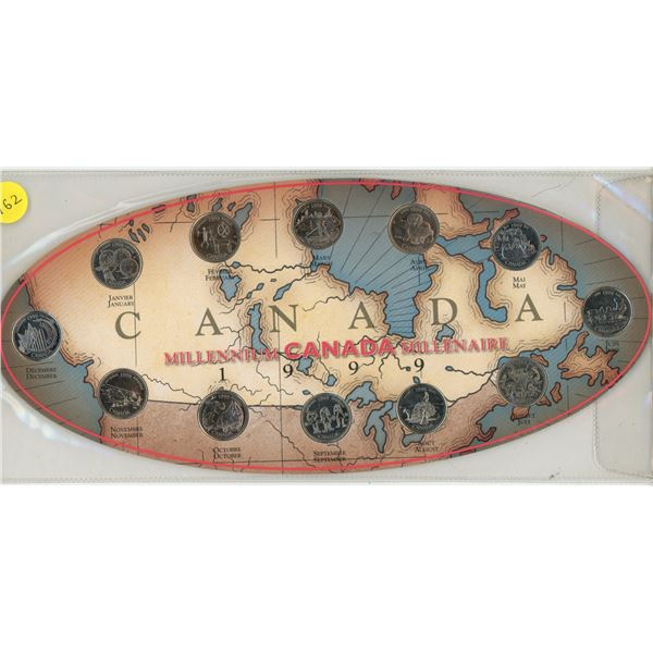 1999 Canadian Millennium 25 Cents. 12 coins, one for each month. Housed in its original Royal Canadi