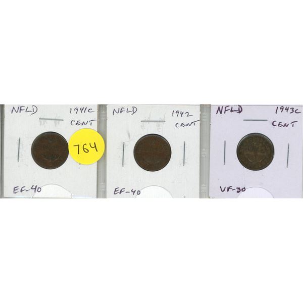 Set of 3 Newfoundland Small Cents issued during World War II: Includes 1941c, 1942 & 1943c. Coins gr