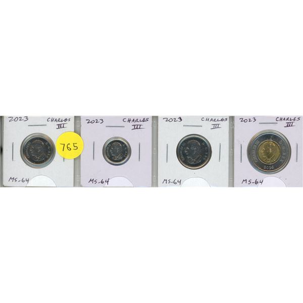 Set of 4 2023 Canadian King Charles III coins. Includes 5 Cents, 10 Cents, 25 Cents & Toonie. All ar