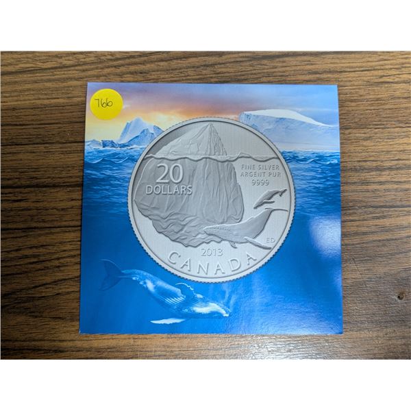 2013 20 Dollar Fine Silver Argent Pure 9999 ED Canadian Coin (Whale Design)