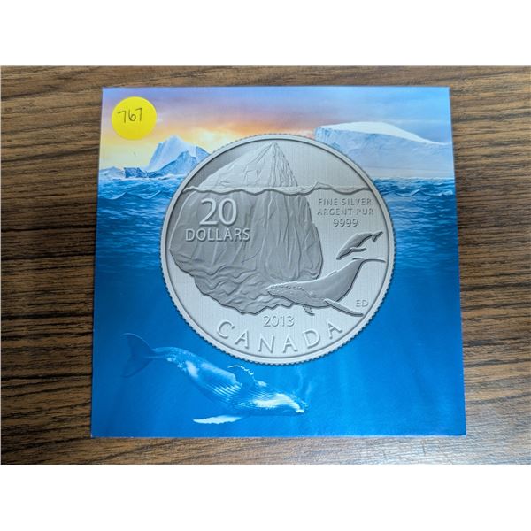 2013 20 Dollar Fine Silver Argent Pure 9999 ED Canadian Coin (Whale Design)