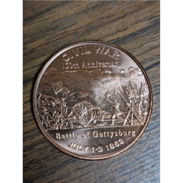 Copper .999 Fine USA 1861-1865 one A.V.D.P Ounce Civil War 150th Anni. Battle of Gettysburg