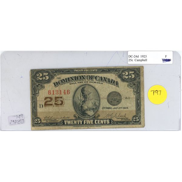 Dominion of Canada DC-24d 1923 25c Campbell PM-5345 Shinplaster