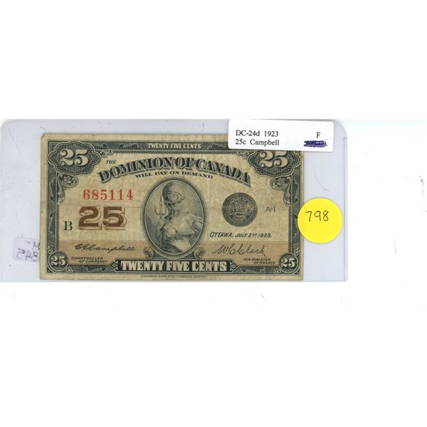 Dominion of Canada DC-24d 1923 25c Campbell PM-5345 Shinplaster