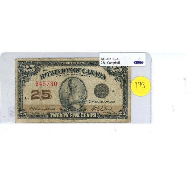 Dominion of Canada DC-24d 1923 25c Campbell PM-5345 Shinplaster