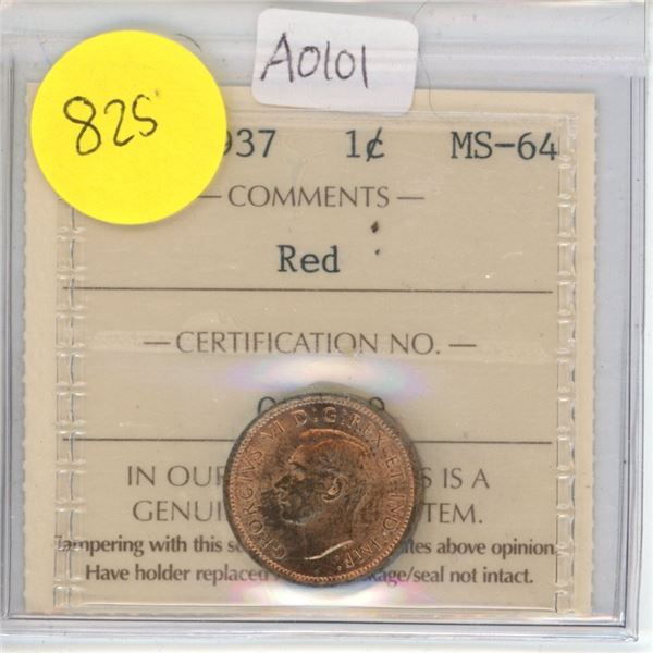 Canadian 1 Cent Coin 1937 MS-64 Red ICCS Graded