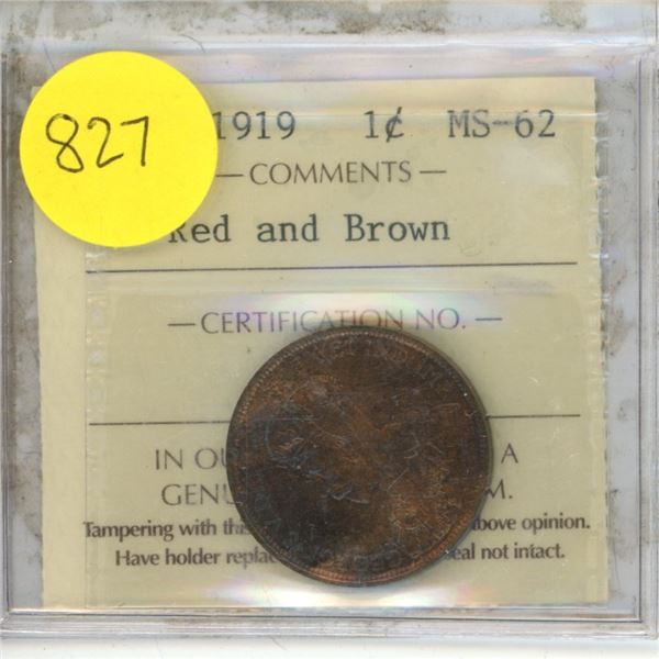 Canadian 1 Cent Coin 1919 MS-62 Red and Brown ICCS Graded