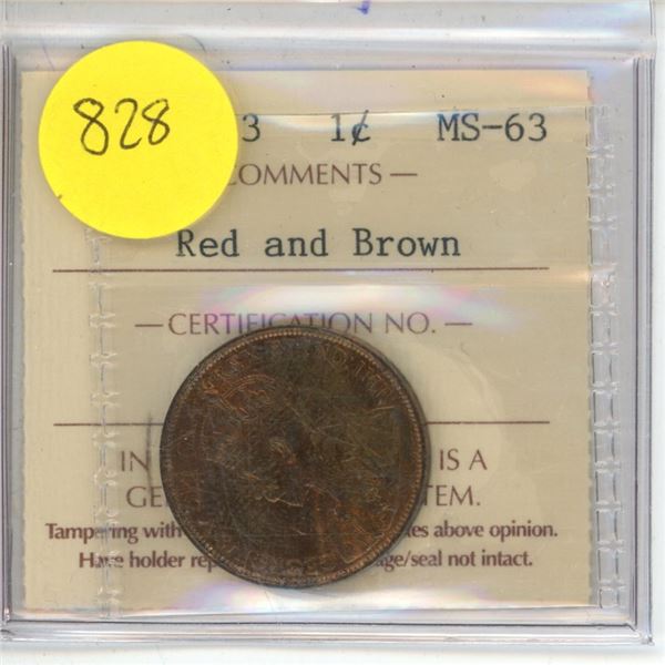 Canadian 1 Cent Coin 1913 MS-63 Red and Brown ICCS Graded