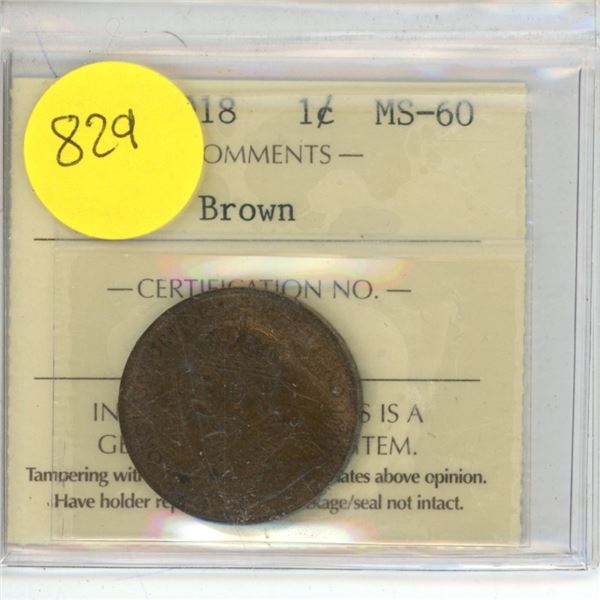 Canadian 1 Cent Coin 1918 MS-60 ICCS Graded
