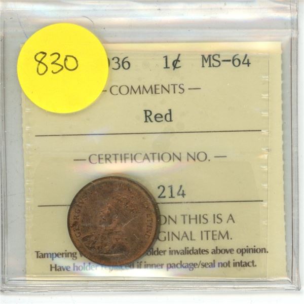 Canadian 1 Cent Coin 1936 MS-64 Red ICCS Graded