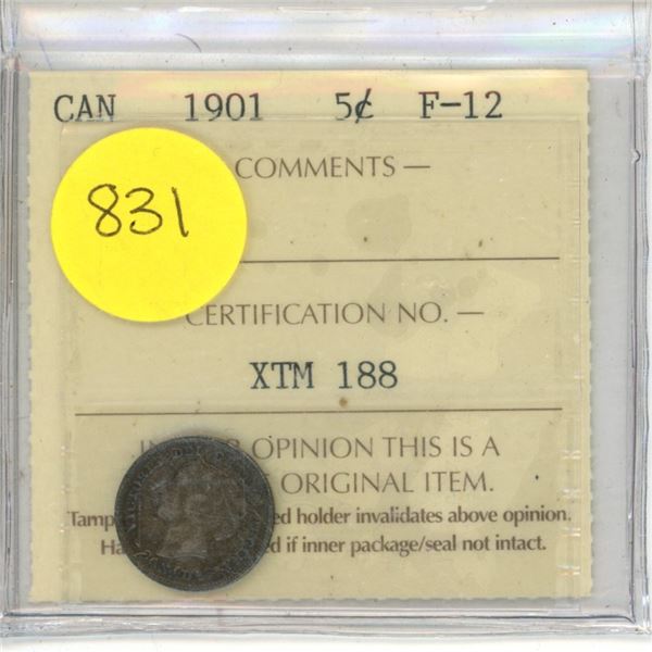 Canadian 5 Cent Coin 1901 F-12 XTM 188 ICCS Graded
